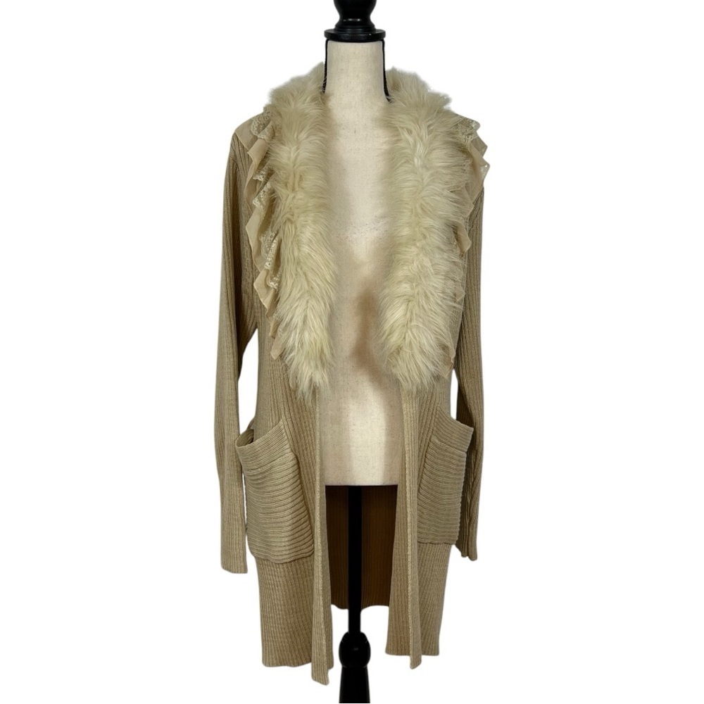 Lisa International Faux Fur Trim Cardigan with Ruffles – Size XL
